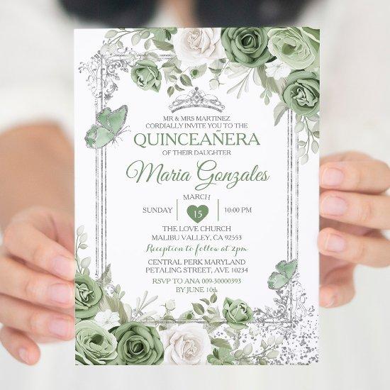 Silver Quinceañera Sage Green Crown Butterfly
