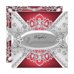 Silver & Red Diamond Damask Quinceanera Invite