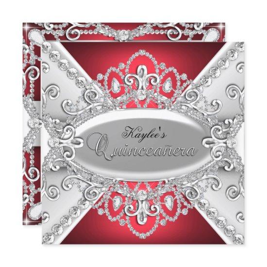Silver & Red Diamond Damask Quinceanera Invite