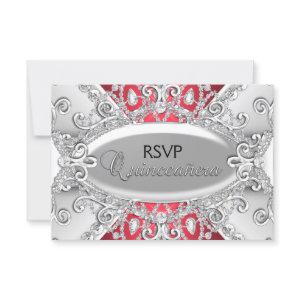 Silver & Red Diamond Damask Quinceanera RSVP