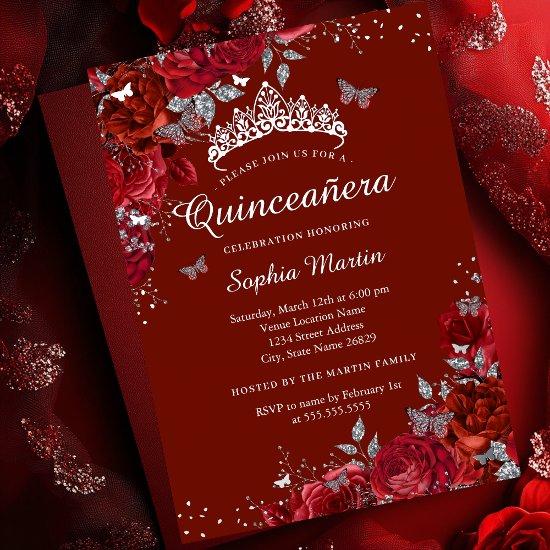 Silver Red Elegant Floral Butterfly Quinceanera  Foil