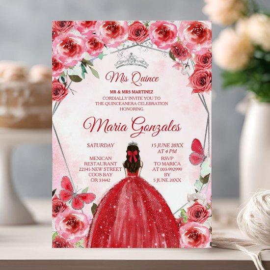 Silver Red Flower Mexican Girl Sweet 15th Birthday