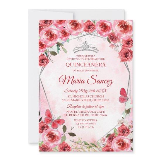 Silver Red Flower Spanish Girl Sweet 16th Birthday