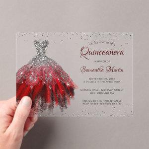 Silver Red Glitter Dress Script Quinceañera Party Acrylic