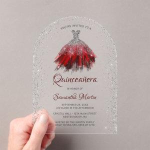 Silver Red Glitter Dress Script Quinceañera Party Acrylic