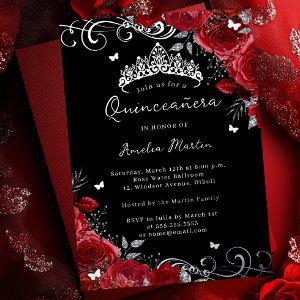 Silver Red Rose Floral Swirl Quinceanera   Foil