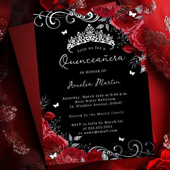Silver Red Rose Floral Swirl Quinceanera   Foil