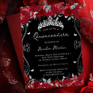 Silver Red Swirl Scroll Floral Quinceanera  Foil