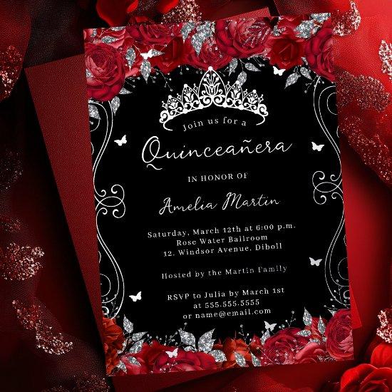 Silver Red Swirl Scroll Floral Quinceanera  Foil
