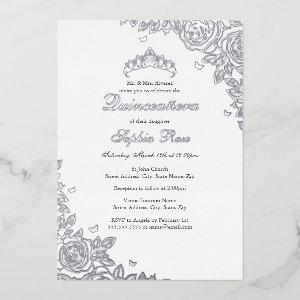 Silver Rose Floral Quinceanera Birthday  Foil