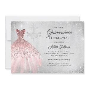 Silver Rose Gold Diamond Lace Gown Quinceanera