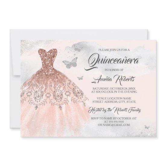 Silver Rose Gold Dress Watercolor Quinceanera