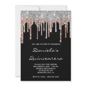 Silver Rose Gold Glitter Drips Black Quinceañera