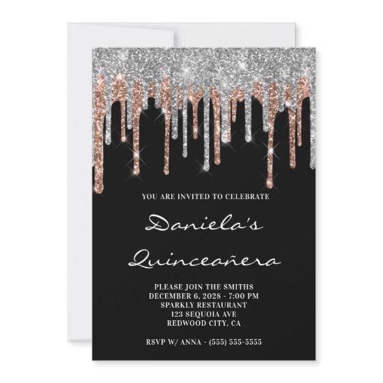 Silver Rose Gold Glitter Drips Black Quinceañera