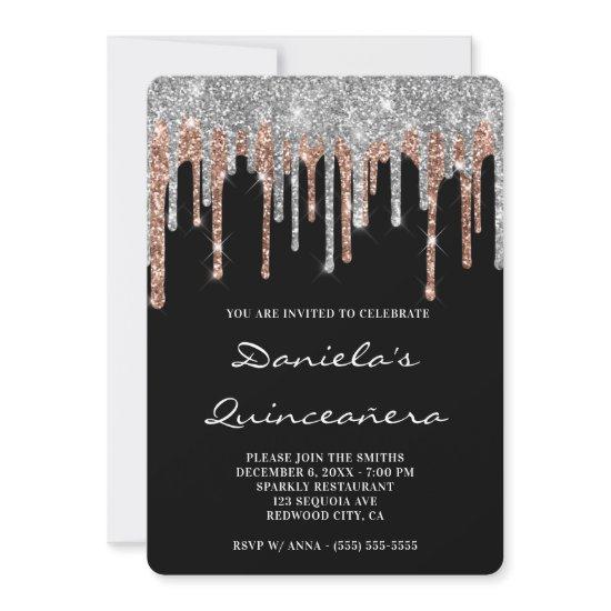 Silver Rose Gold Glitter Drips Black Quinceañera