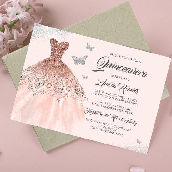 Silver Rose Gold Sparkle Dress Quinceanera