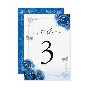 Silver Royal Blue Roses Elegant Table Number Card