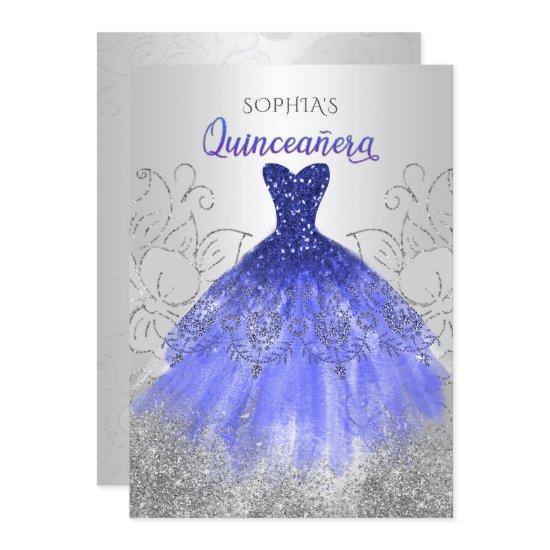 Silver Royal Blue Sparkle Dress Quinceañera