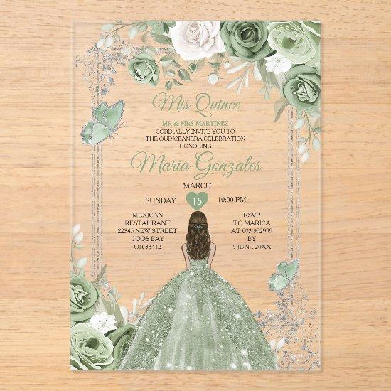Silver Sage Green Mis Quince 15 Anos Butterfly Acrylic