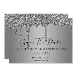 Silver Sparkle Luxury Glitter Drips Quinceanera  Save The Date