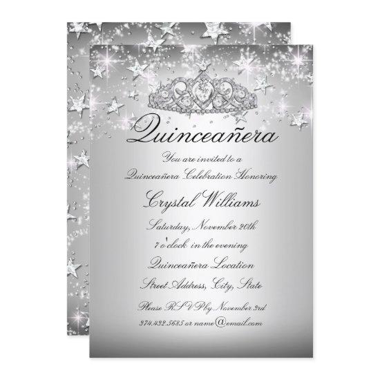 Silver Sparkle Tiara Stars Quinceanera Invite