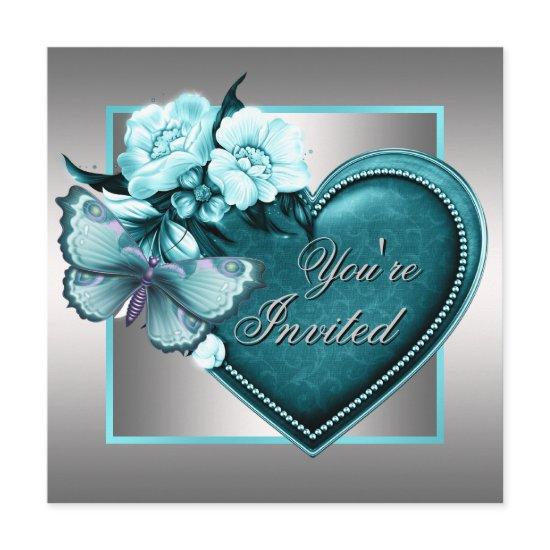 Silver Teal Blue Heart Butterfly Teal Blue Party