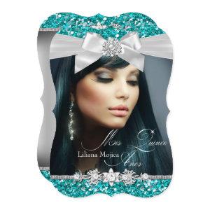 Silver & Teal Glitter Bow Photo Quinceanera