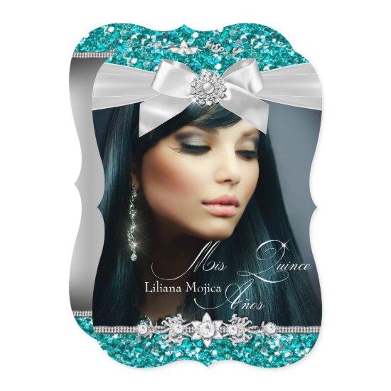 Silver & Teal Glitter Bow Photo Quinceanera
