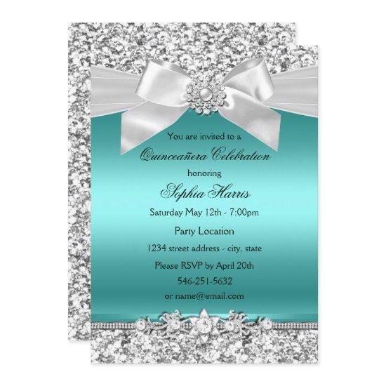 Silver Teal Glitter & Jewel Bow Quinceanera