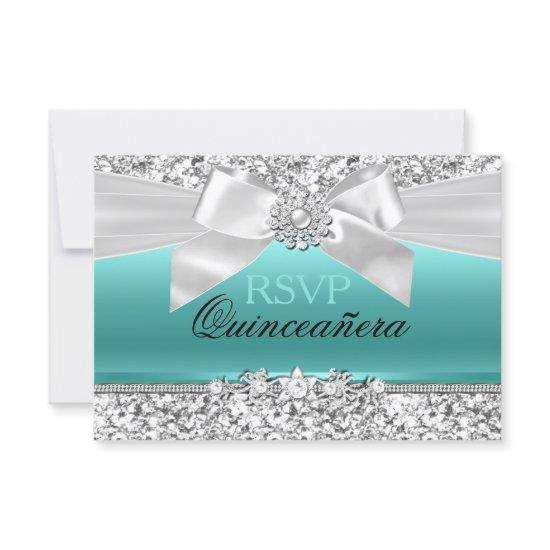 Silver Teal Glitter & Jewel Bow Quinceanera RSVP