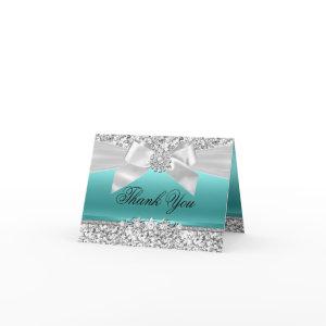 Silver Teal Glitter & Jewel Bow Thank You Card