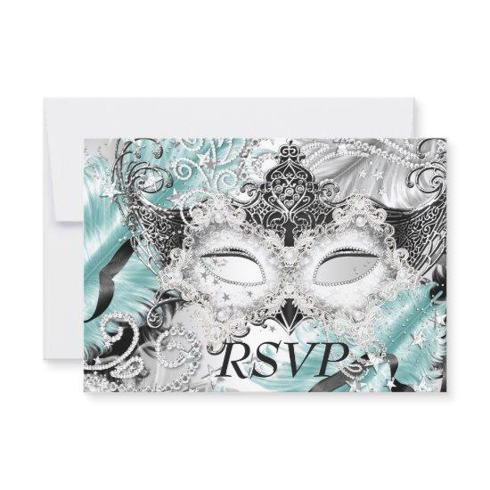 Silver Teal Sparkle Mask Masquerade Party RSVP