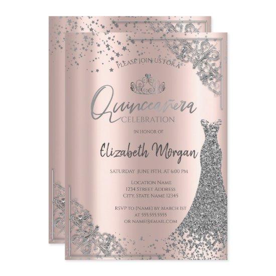 Silver Tiara Dress Stars Rose Gold Quinceañera