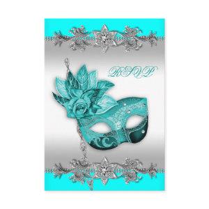 Silver Turquoise Blue Masquerade Party RSVP