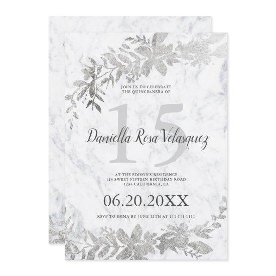 Silver typography Floral white marble quinceanera
