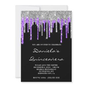 Silver Violet Glitter Drips Black Quinceañera