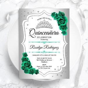 Silver White Emerald Green Floral Quinceanera