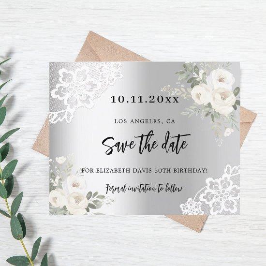 Silver white florals birthday Save the Date Flyer