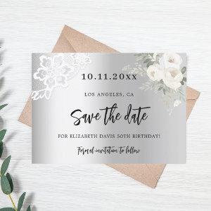 Silver white florals lace birthday save the date