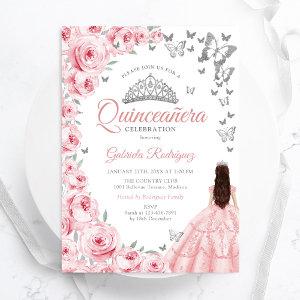 Silver White Pink Floral Quinceanera
