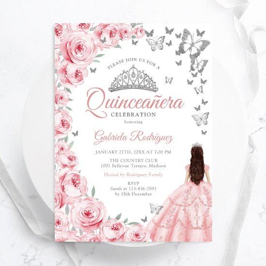 Silver White Pink Floral Quinceanera