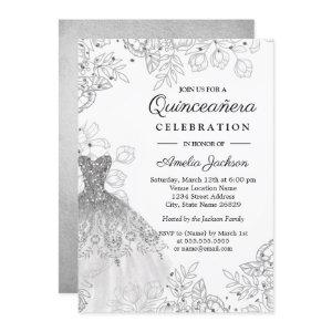 Silver White Vintage Floral Dress Quinceanera