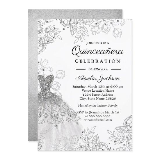 Silver White Vintage Floral Dress Quinceanera