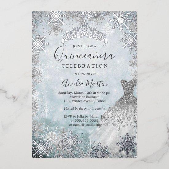 Silver Winter Snowflake Blue Quinceanera Foil Foil