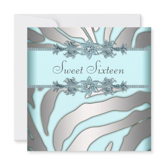 Silver Zebra Teal Blue Sweet 16 Birthday Party