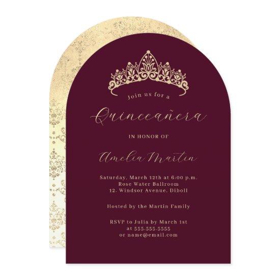 Simple Elegant Burgundy Gold Tiara Quinceanera