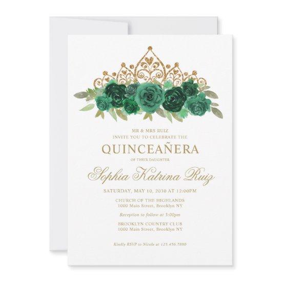 Simple Floral Emerald Green Gold Crown Quinceañera