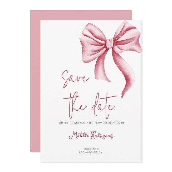 Simple Pink Bow Birthday Quinceañera Save The Date