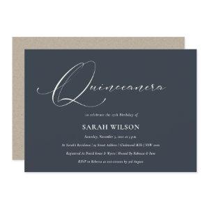 Simple Script Black Navy White Quinceañera Invite