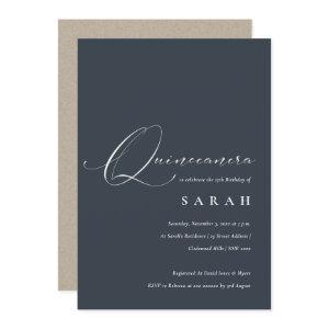 Simple Script Black Navy White Quinceañera  Invite